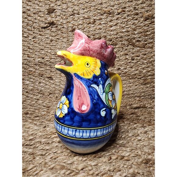 Pottery Majolica Rooster Pitcher Handmade Painted Italy Marked Dip. A Mano 9.5" - Picture 2 of 10